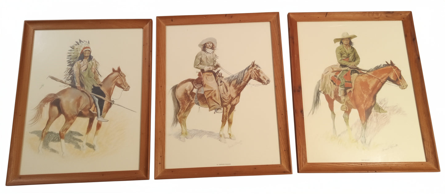 Complete Set of 3 FREDERIC REMINGTON Prints: A Sioux Chief, Arizona Cowboy, Old Ramon | Framed, Glass, Perfect Condition