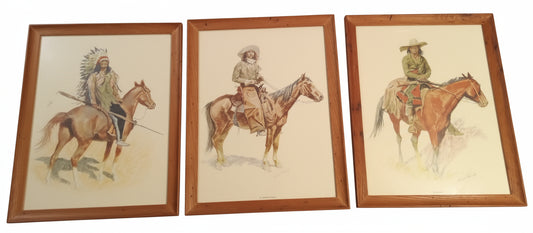 Complete Set of 3 FREDERIC REMINGTON Prints: A Sioux Chief, Arizona Cowboy, Old Ramon | Framed, Glass, Perfect Condition