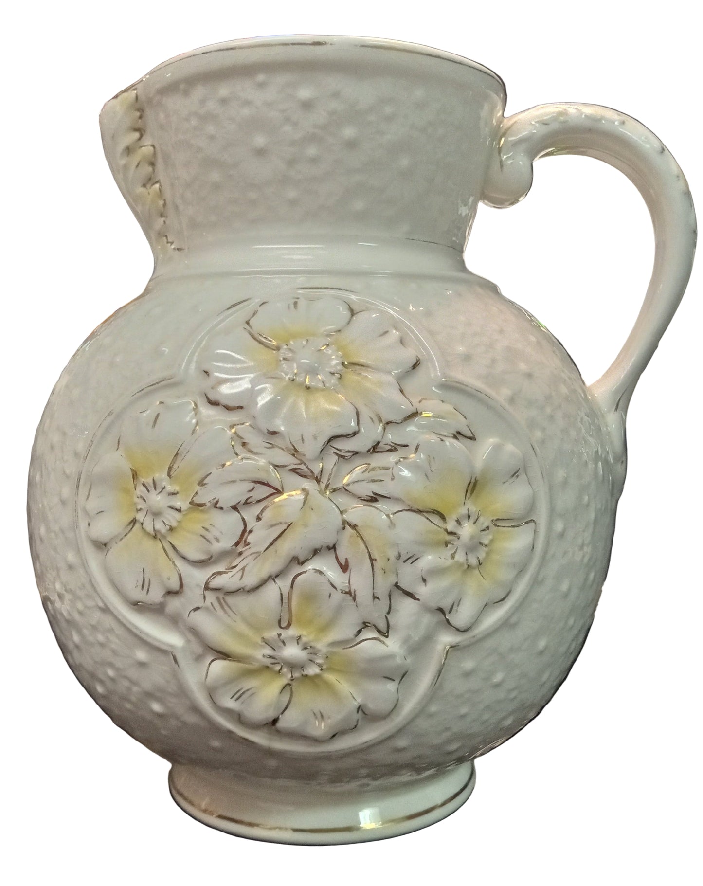 Early 1900's Embossed Floral Wash Pitcher – White with Gold & Yellow Accents – Victorian Ironstone Style