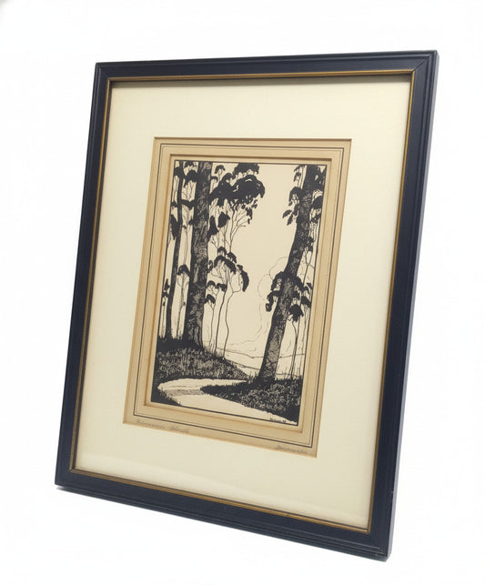 Summer Hill" (1987) – Signed Original Ink Drawing by Sprague – Framed Black & White Forest Art