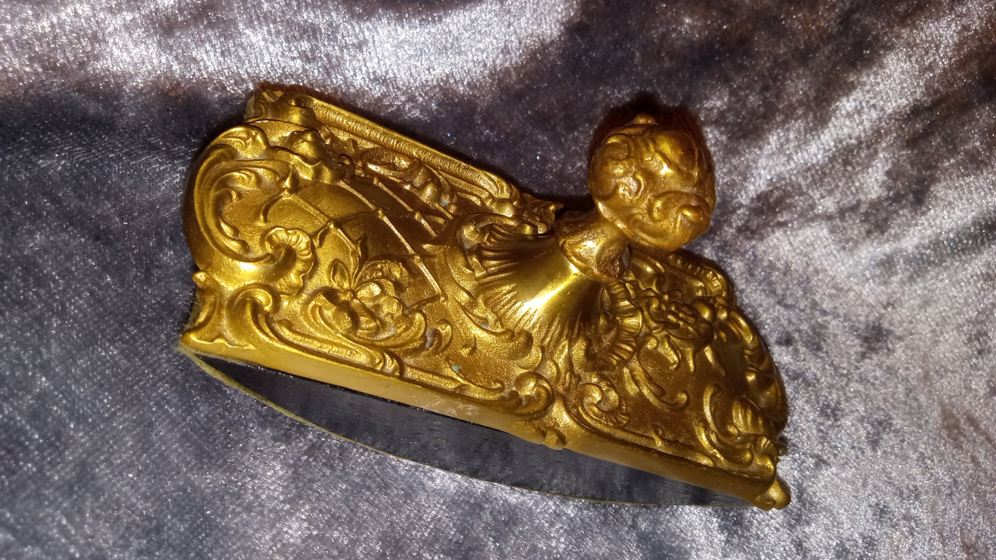 Antique Ornate Brass Ink Blotter Wooden Curved Bottom Highly Detailed