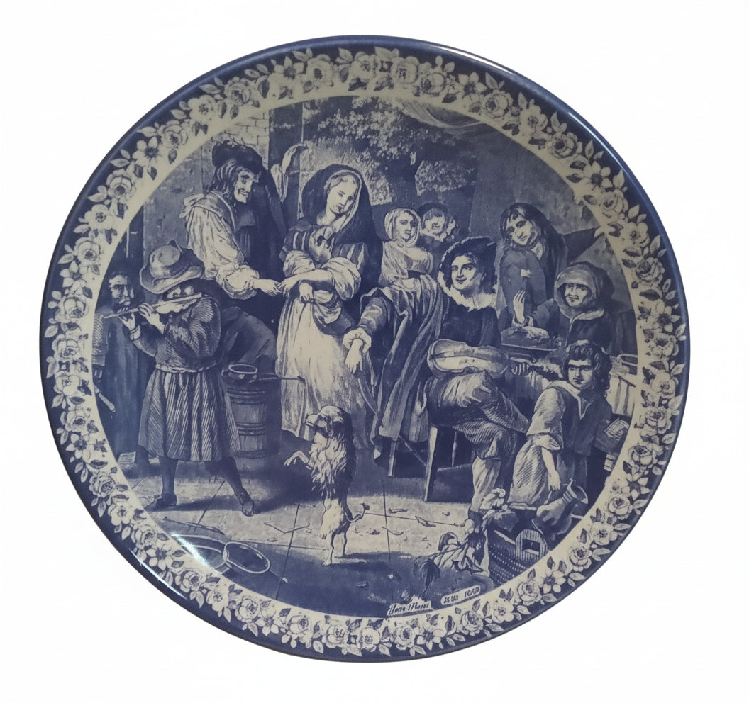 RARE Oversized 11.5" Delfts Blauw Charger Plate - Handpainted Dutch 'Merrymaking' Scene with Dancing Dog!