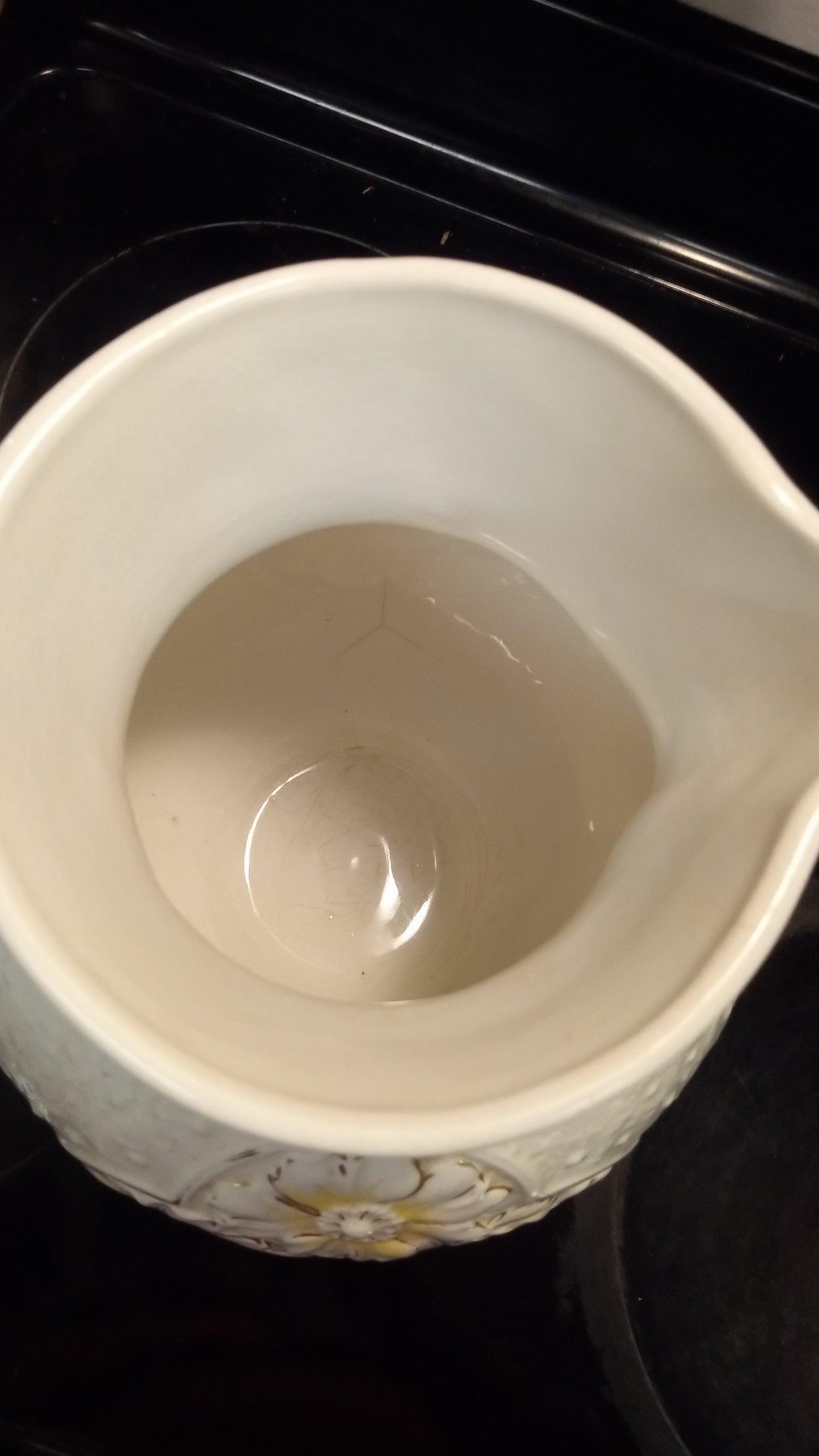 Early 1900's Embossed Floral Wash Pitcher – White with Gold & Yellow Accents – Victorian Ironstone Style