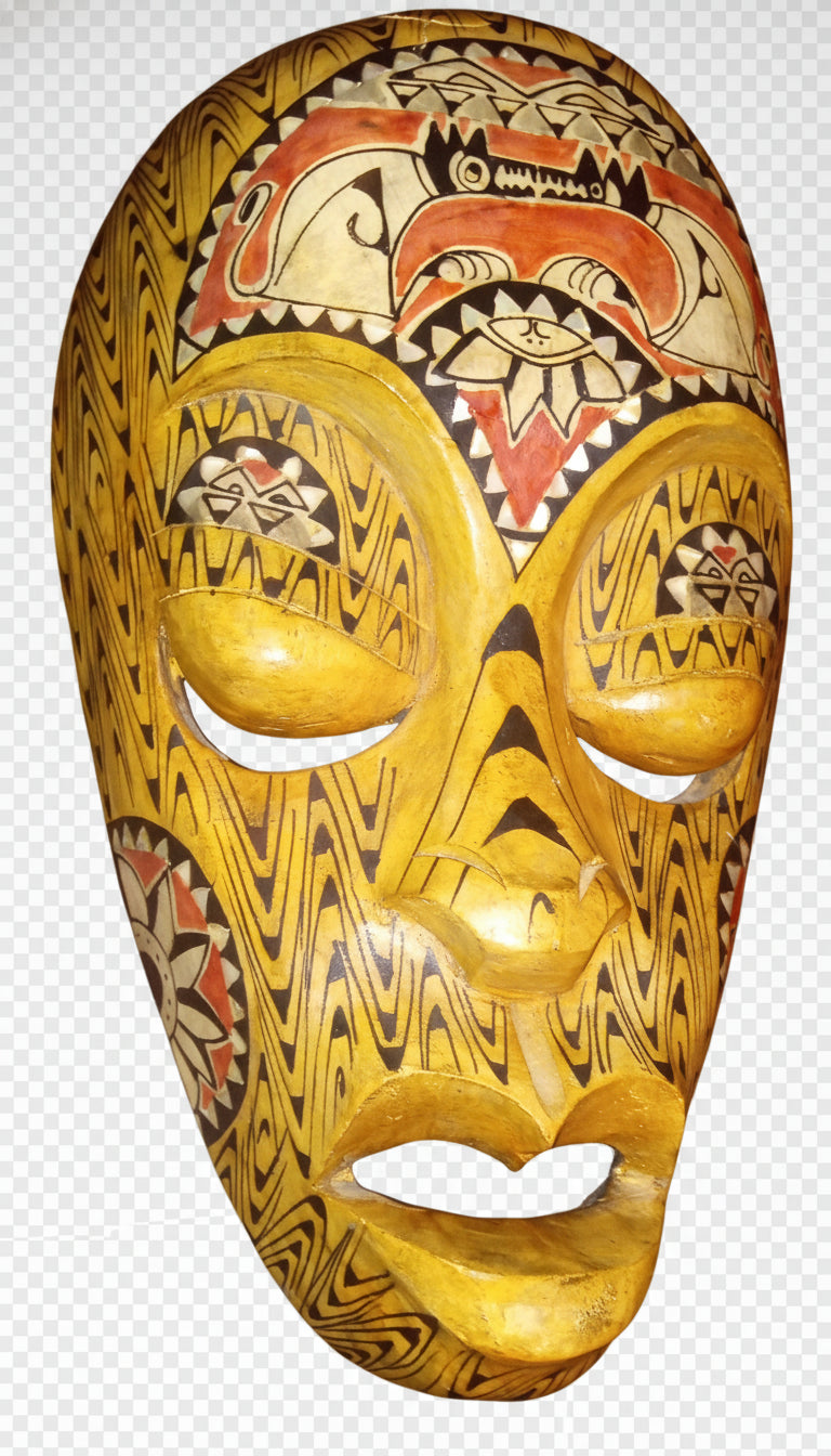 Hand Carved Tribal Mask | Abalone Shell Inlay | Polynesian Folk Art Decor (13" x 8")