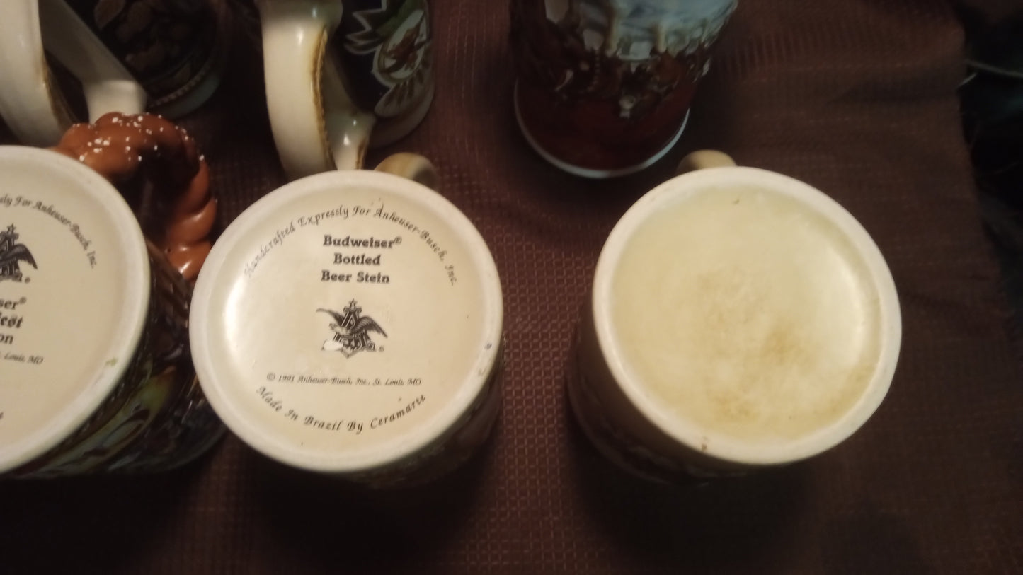 Lot of 6 Mint Budweiser Beer Steins (No Box) – 1992 Oktoberfest, 2004 Holiday Clydesdales, Vintage Ceramarte Collection