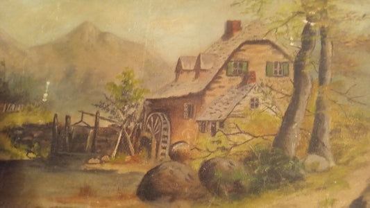 1930s European Watermill Landscape Painting 12x19 | Depression Era